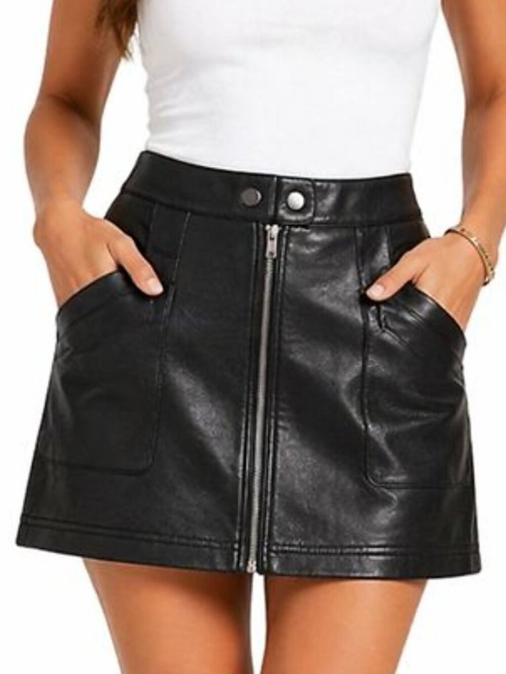 EUC Free People Night Out A-Line Zip Front Zip Vegan Leather Mini Skirt Black 2